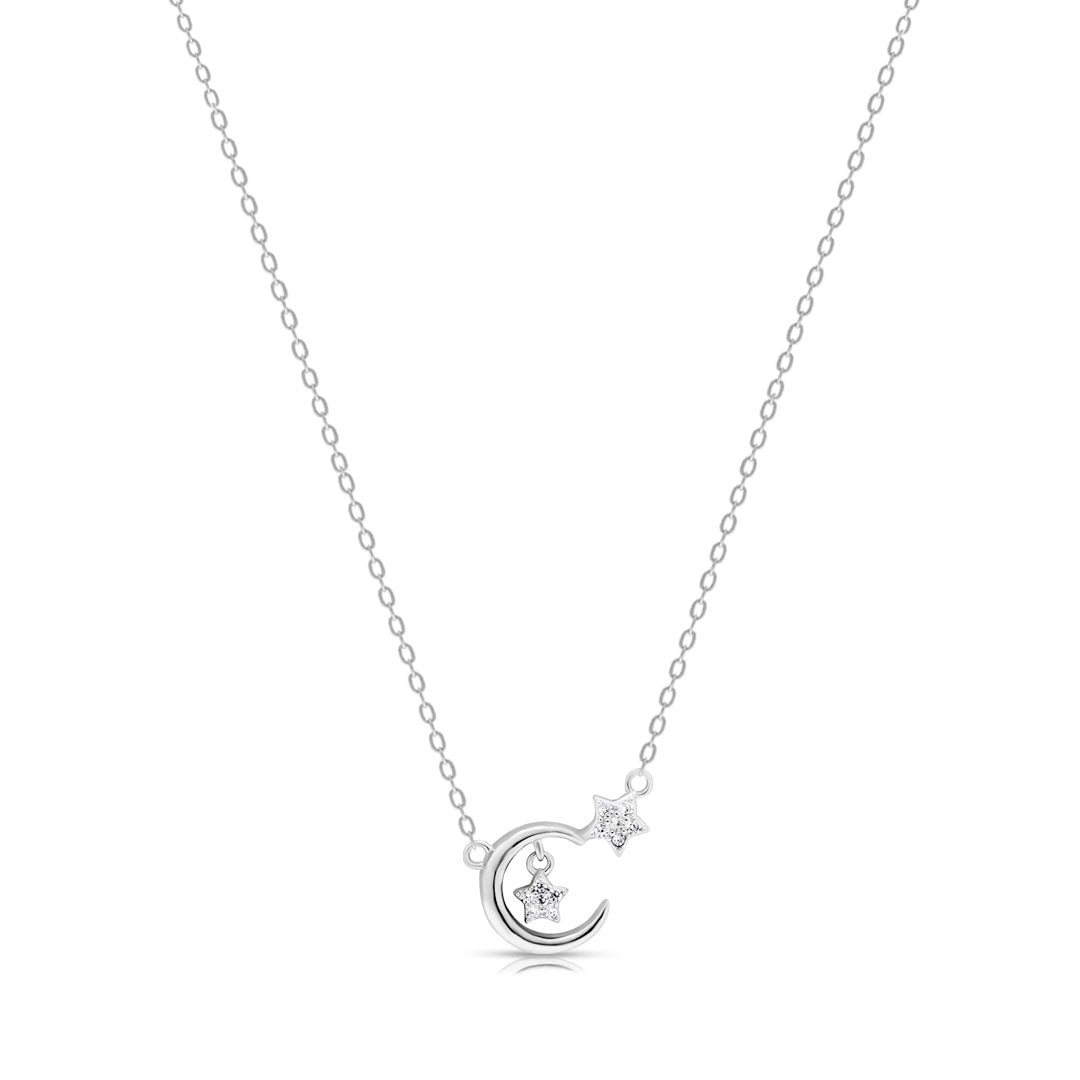 Silver necklace with a moon and star pendant on a white background