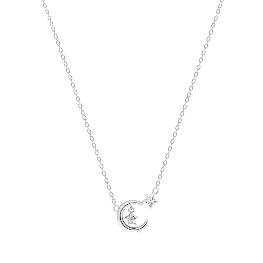 Silver necklace with a moon and star pendant on a white background