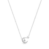 Silver necklace with a moon and star pendant on a white background