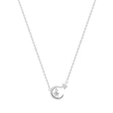 Silver necklace with a moon and star pendant on a white background