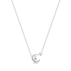 Silver necklace with a moon and star pendant on a white background