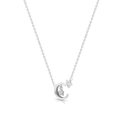 Silver necklace with a crescent moon and diamond pendant on a white background