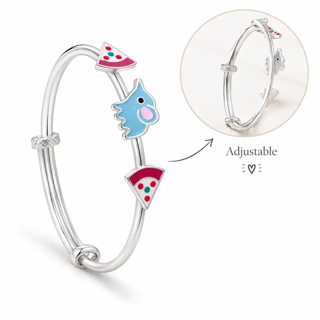 Mashha 925 Silver Baby Kada – Elephant & Pizza Edition Mashha