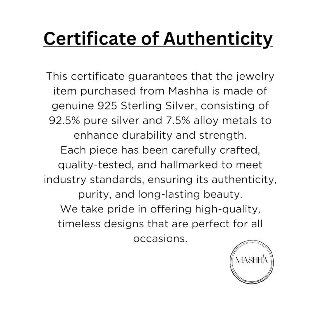 Certificate of Authenticity for 925 Sterling Silver jewelry.