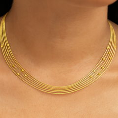 Gold necklace on a person's neck with a plain background