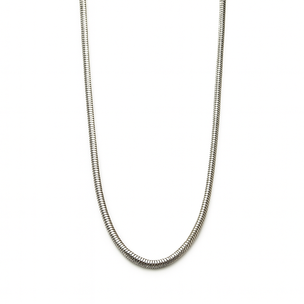 Silver snake chain necklace on a white background