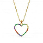 Gold necklace with a heart-shaped pendant featuring colorful gemstones on a white background