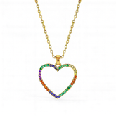 Gold necklace with a heart-shaped pendant featuring colorful gemstones on a white background