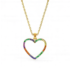 Gold necklace with a heart-shaped pendant featuring colorful gemstones on a white background