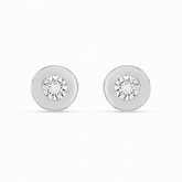 Pair of silver round earrings with clear gemstones on a white background