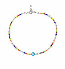 Evil Eye Rainbow Bead Silver Anklet