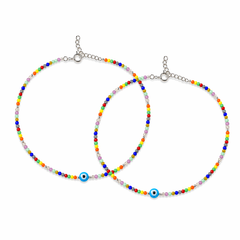 Evil Eye Rainbow Bead Silver Anklet