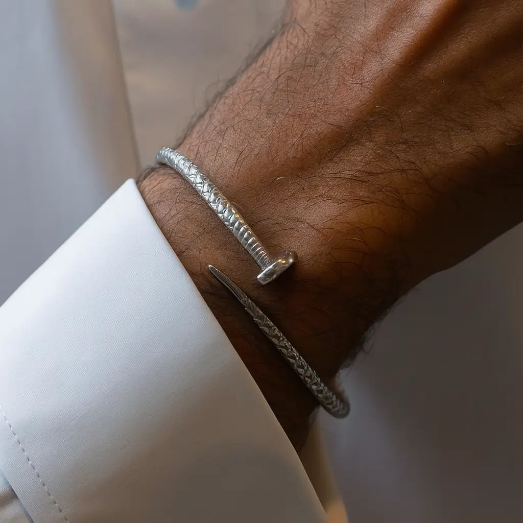 Men's Textured Nail Bangle – Silver Finish Mashha