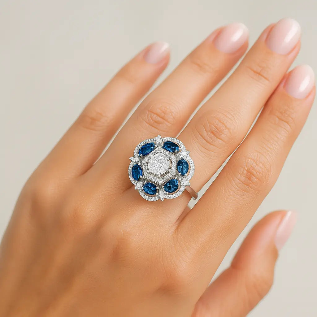 Silver Sapphire Bloom Cocktail Ring Mashha