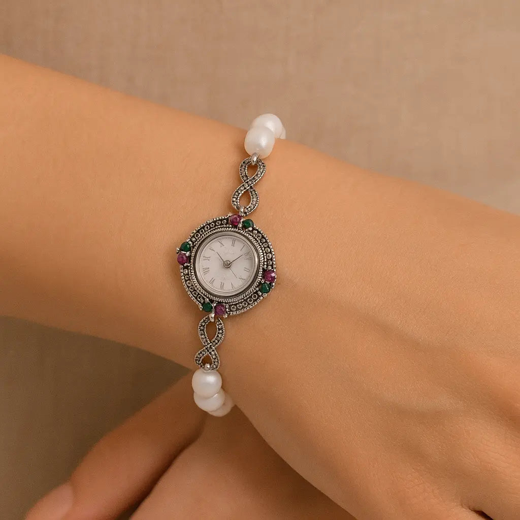 Vintage Garden Timepiece with Real white pearl Band watch Mashha