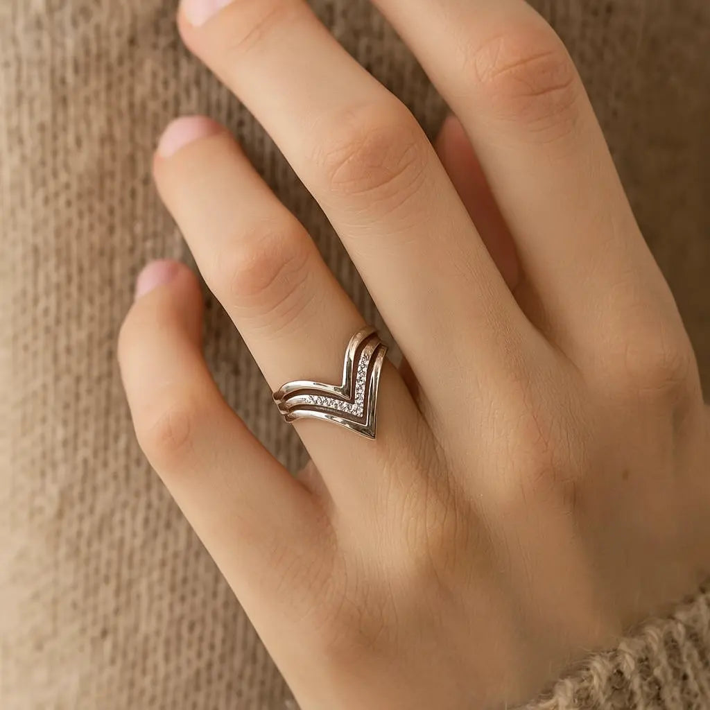 Mashha 925 Silver Rhodium Plated V-Shaped Statement Ring Mashha