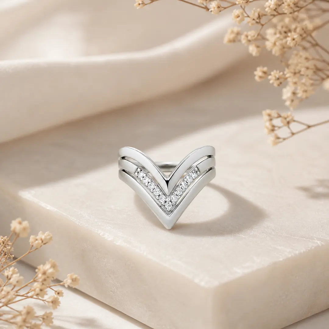 Mashha 925 Silver Rhodium Plated V-Shaped Statement Ring Mashha