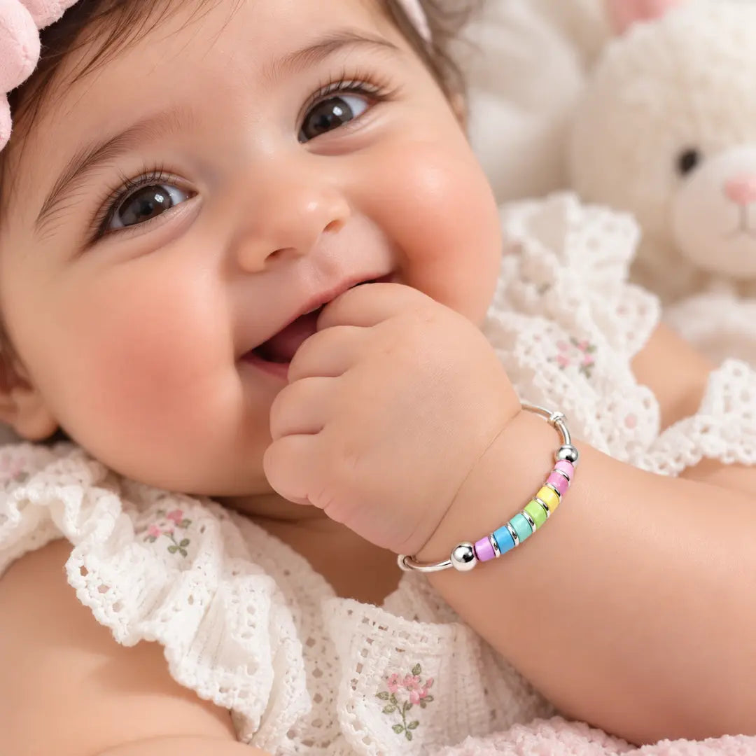Silver Baby Kada – Pastel Rainbow Beads Mashha