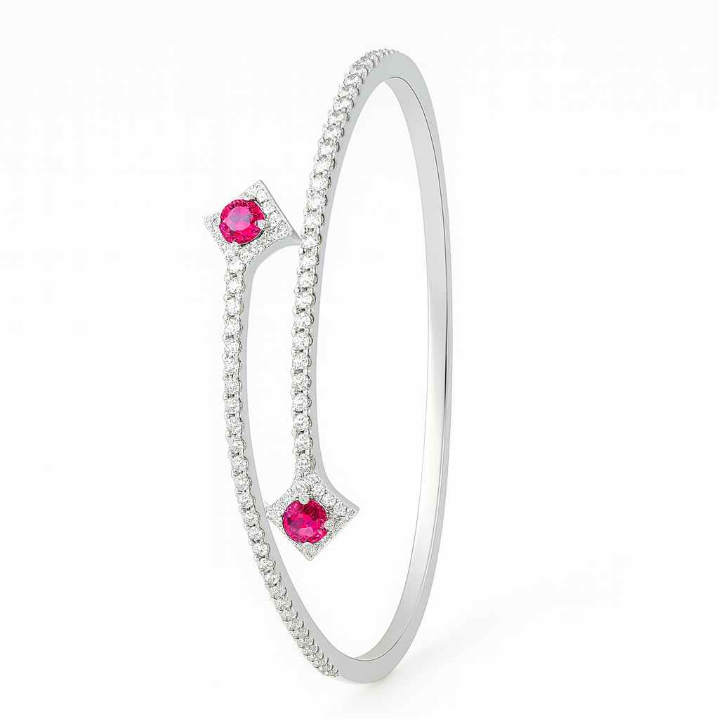 Silver bracelet with pink gemstones on a white background