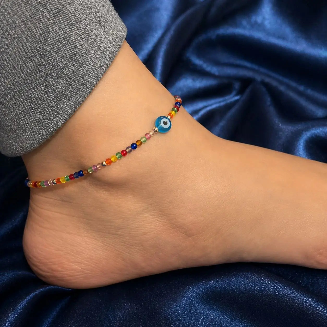 Evil Eye Rainbow Bead Silver Anklet Mashha