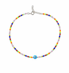 Evil Eye Rainbow Bead Silver Anklet Mashha