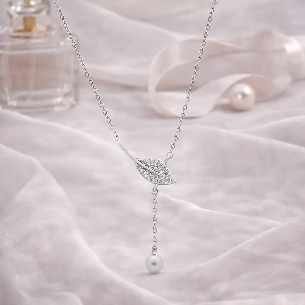 Mashha 925 Silver Leaf & Pearl Drop Pendant chain Mashha