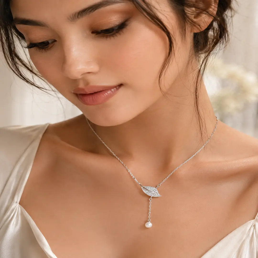 Mashha 925 Silver Leaf & Pearl Drop Pendant chain Mashha