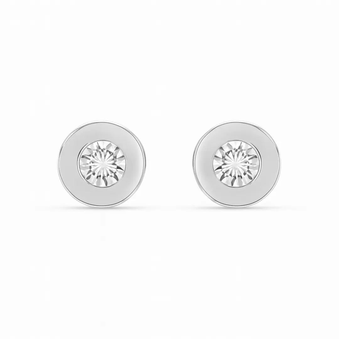 Pair of silver round earrings with clear gemstones on a white background