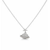 Silver necklace with a star and planet pendant on a white background