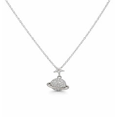 Silver necklace with a star and planet pendant on a white background