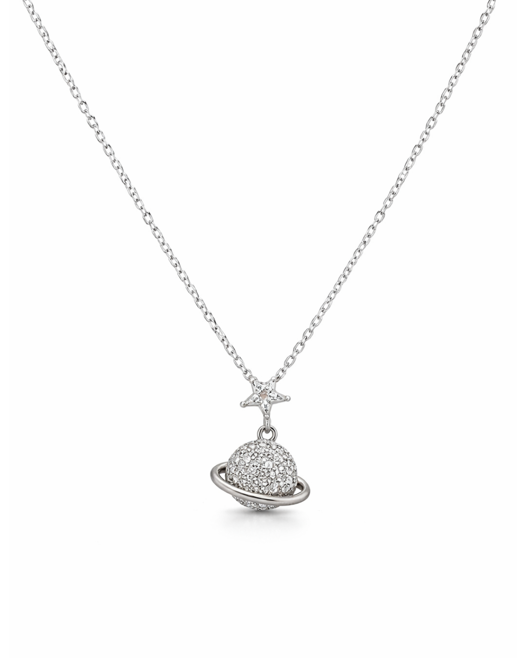 Silver necklace with a star and planet pendant on a white background