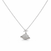 Silver necklace with a star and planet pendant on a white background