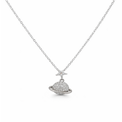 Silver necklace with a star and planet pendant on a white background