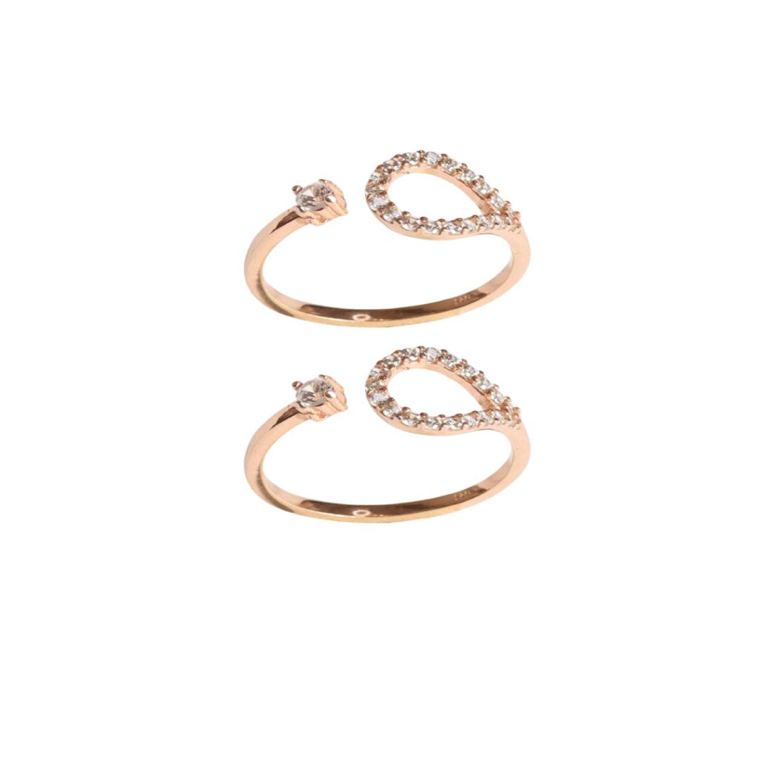 Rose gold open heart-shaped ring with small diamonds on a white background