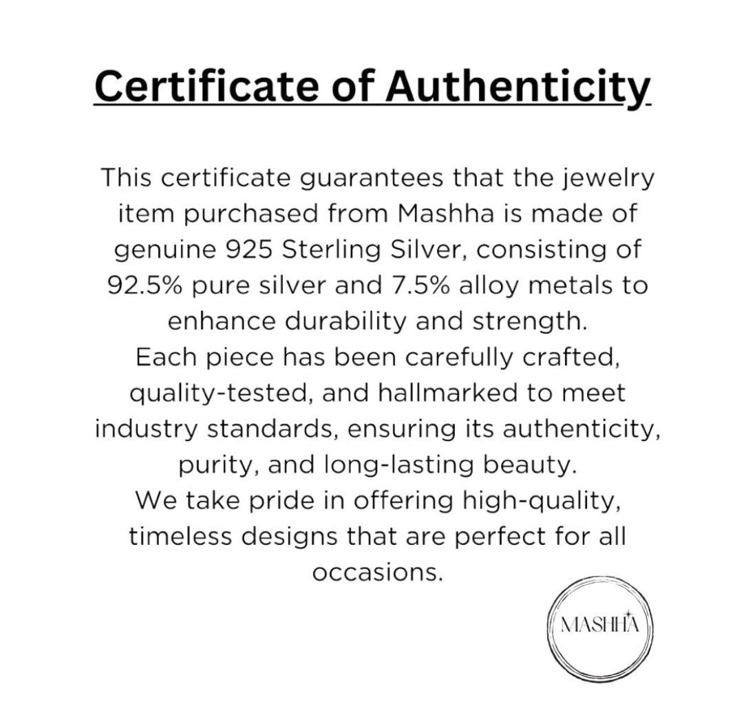 Certificate of Authenticity for jewelry made from 925 Sterling Silver by Mashha.