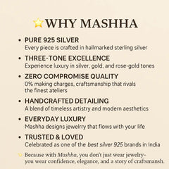 Promotional text about Masha jewelry, highlighting features like pure 925 silver, three-tone excellence, and handcrafted detailing.
