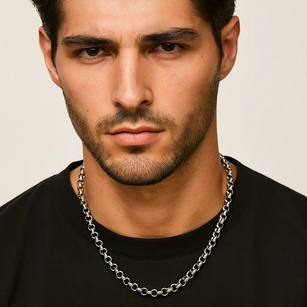 Man wearing a silver chain necklace against a neutral background