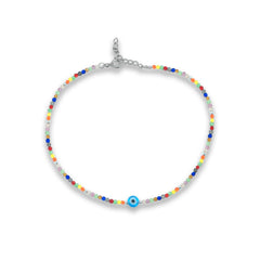 Evil Eye Rainbow Bead Silver Anklet