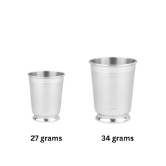Two silver cups with weight labels on a white background