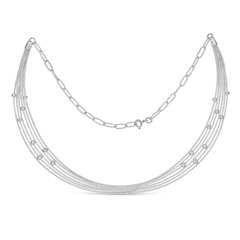 Silver necklace with multiple strands on a white background