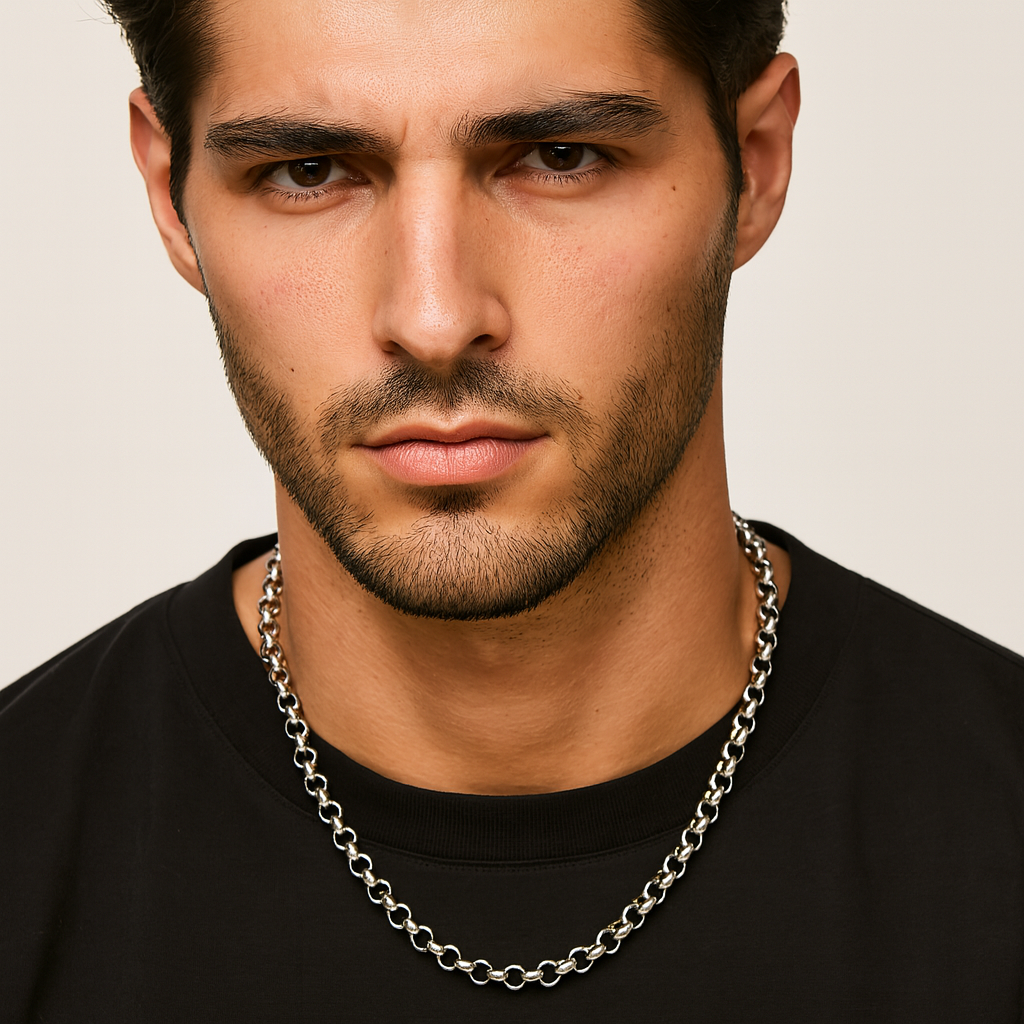 Man wearing a silver chain necklace against a neutral background