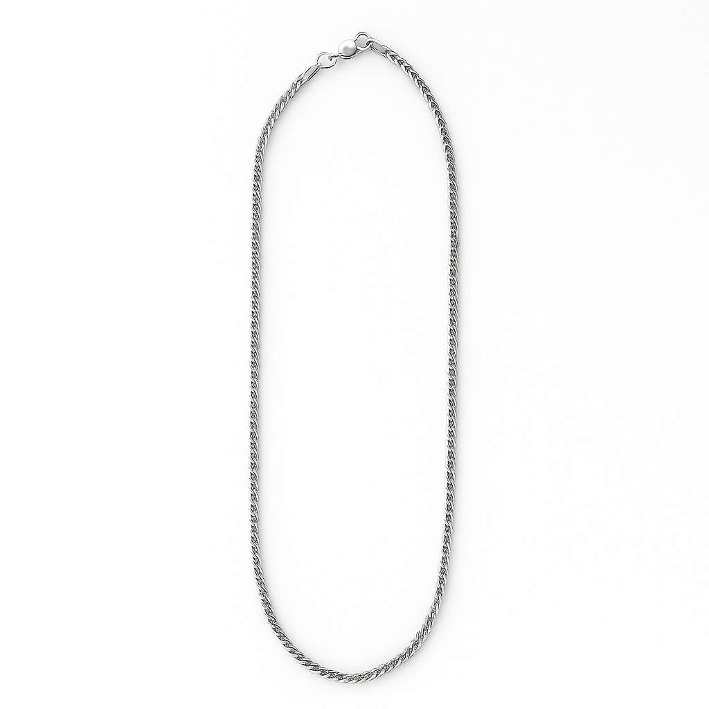 Silver chain necklace on a white background