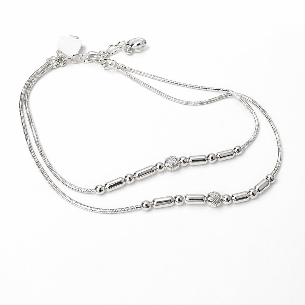 Mashha 925 Silver Dual Layer Beaded Anklet (Pair) Mashha