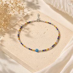 Evil Eye Rainbow Bead Silver Anklet