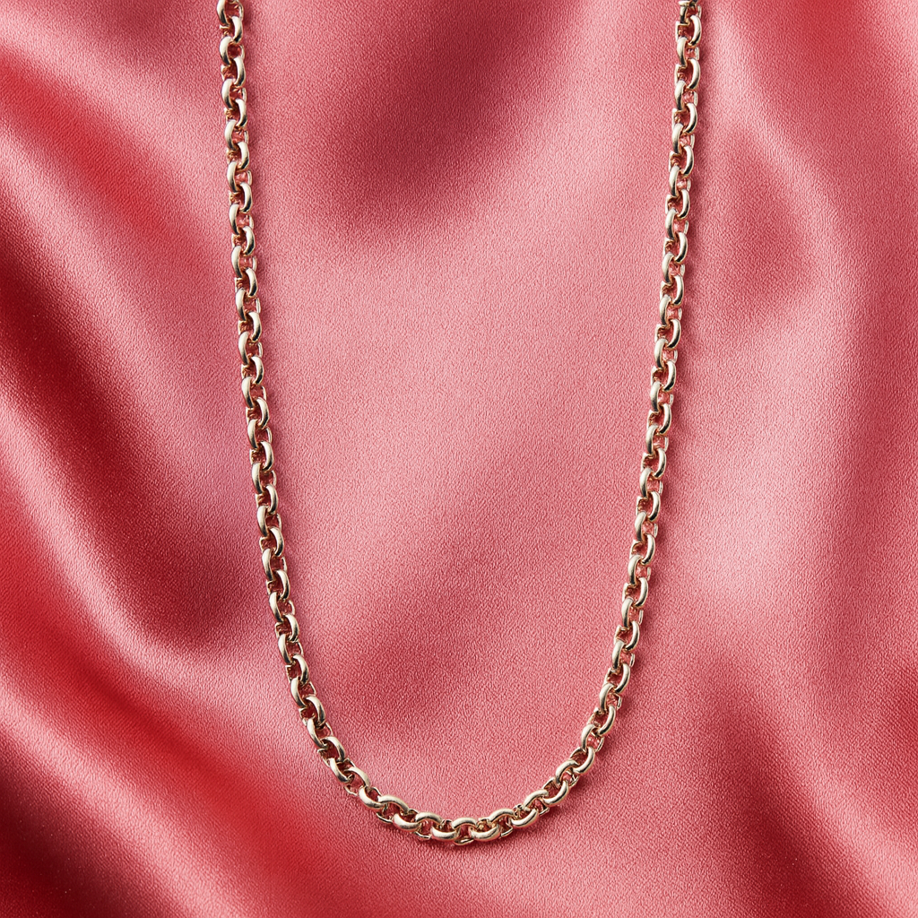 Gold chain necklace on a pink satin background