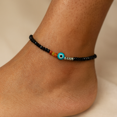 Evil Eye Beaded Silver Anklet