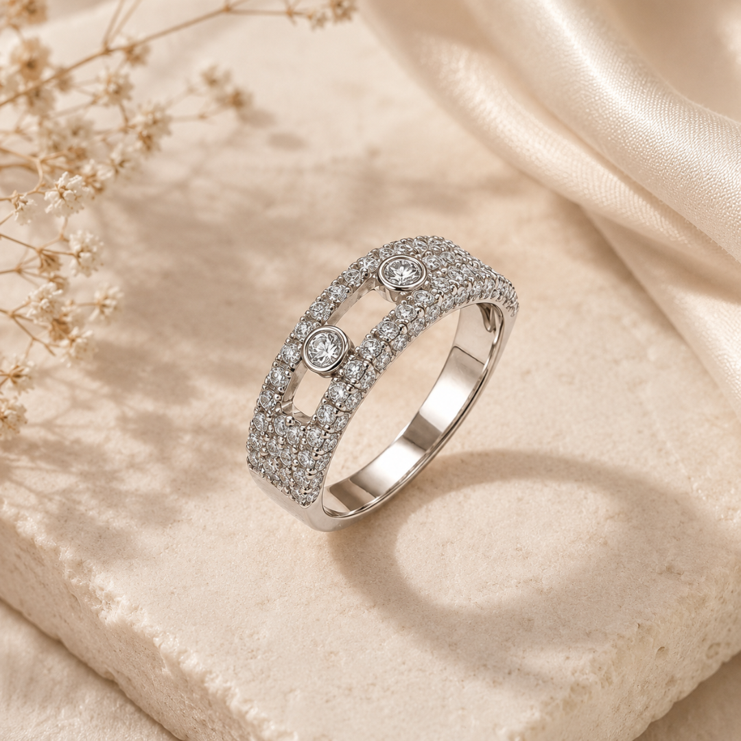 Mashha 925 Silver Rhodium Plated Dual Stone Dancing Ring Mashha