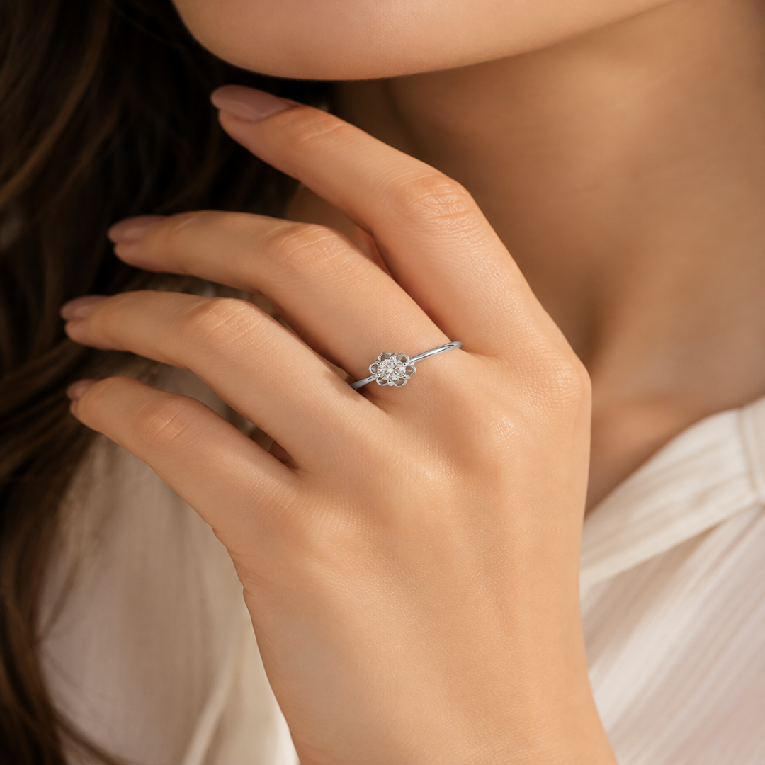 Mashha 925 Silver Rhodium Plated Floral Solitaire Ring Mashha