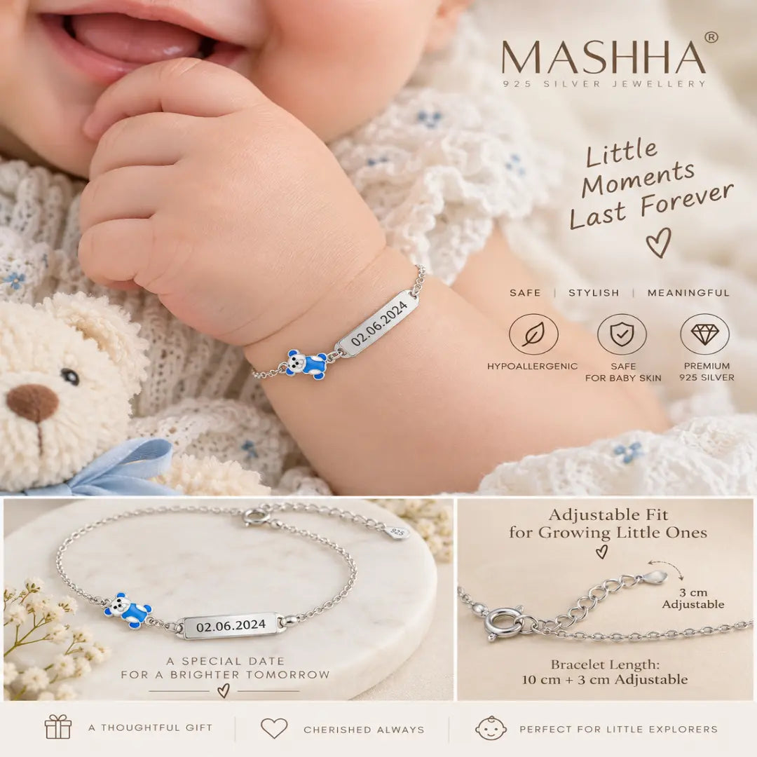 Cuddle Charm 925 Silver Baby Bracelet – Blue Teddy Edition Mashha