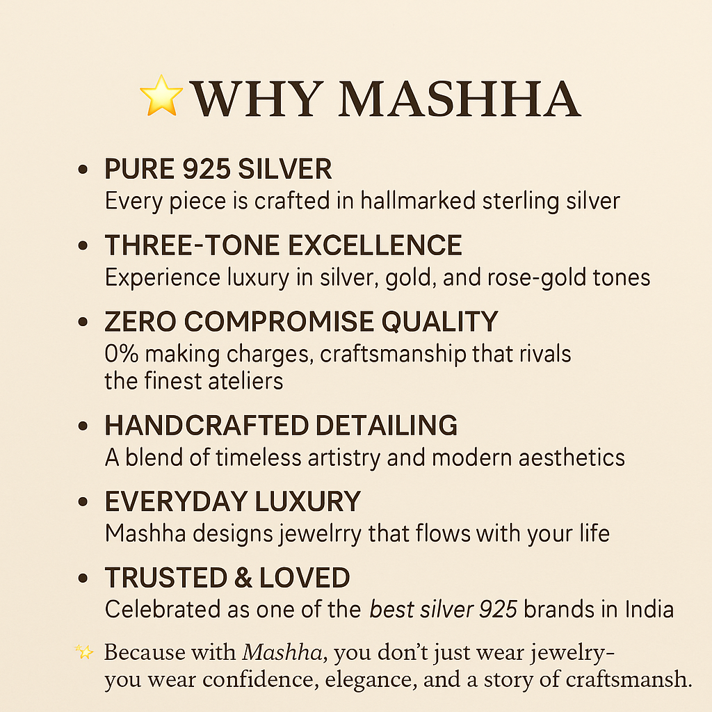 Promotional text about Masha jewelry, highlighting features like pure 925 silver, three-tone excellence, and handcrafted detailing.